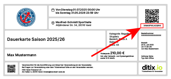 Beispiel-Dauerkarte: der Ticketcode steht oben rechts neben dem QR-Code